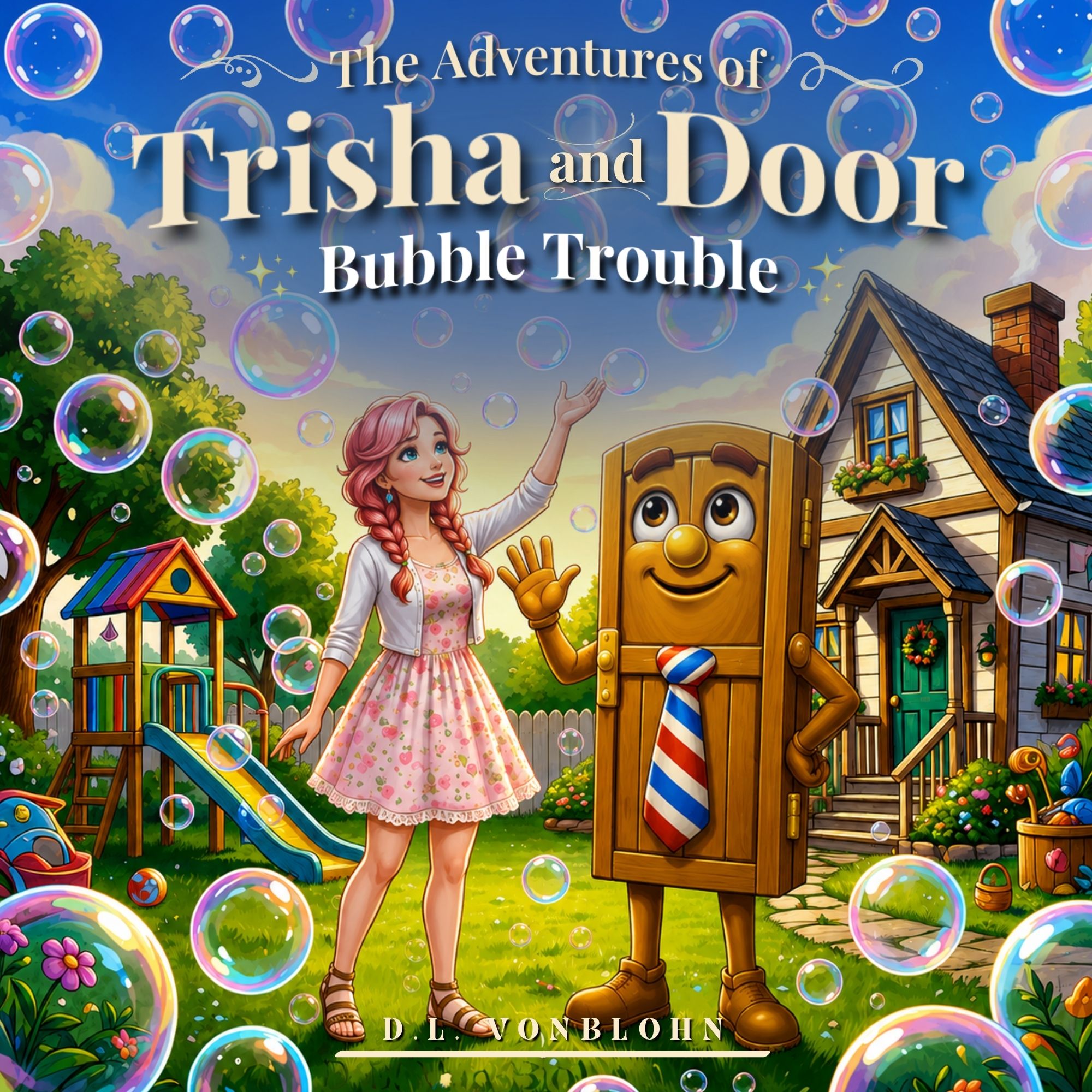 Cover of Bubble Trouble featuring Trisha, Door, Lydia, Mommy, and Daddy inside a giant rainbow bubble.
