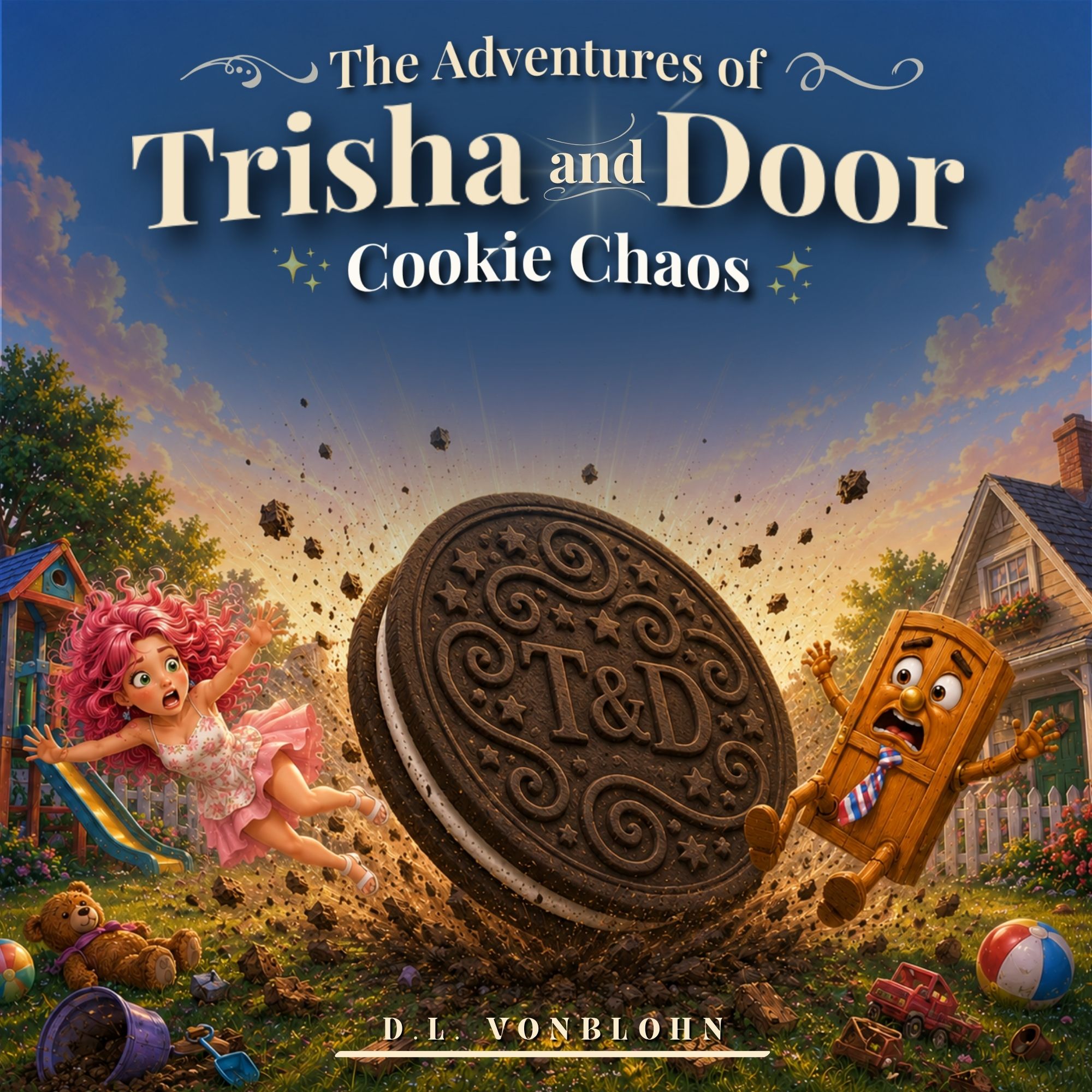 Cover of Cookie Chaos featuring Trisha, Door, and a giant magical black-and-white sandwich cookie.