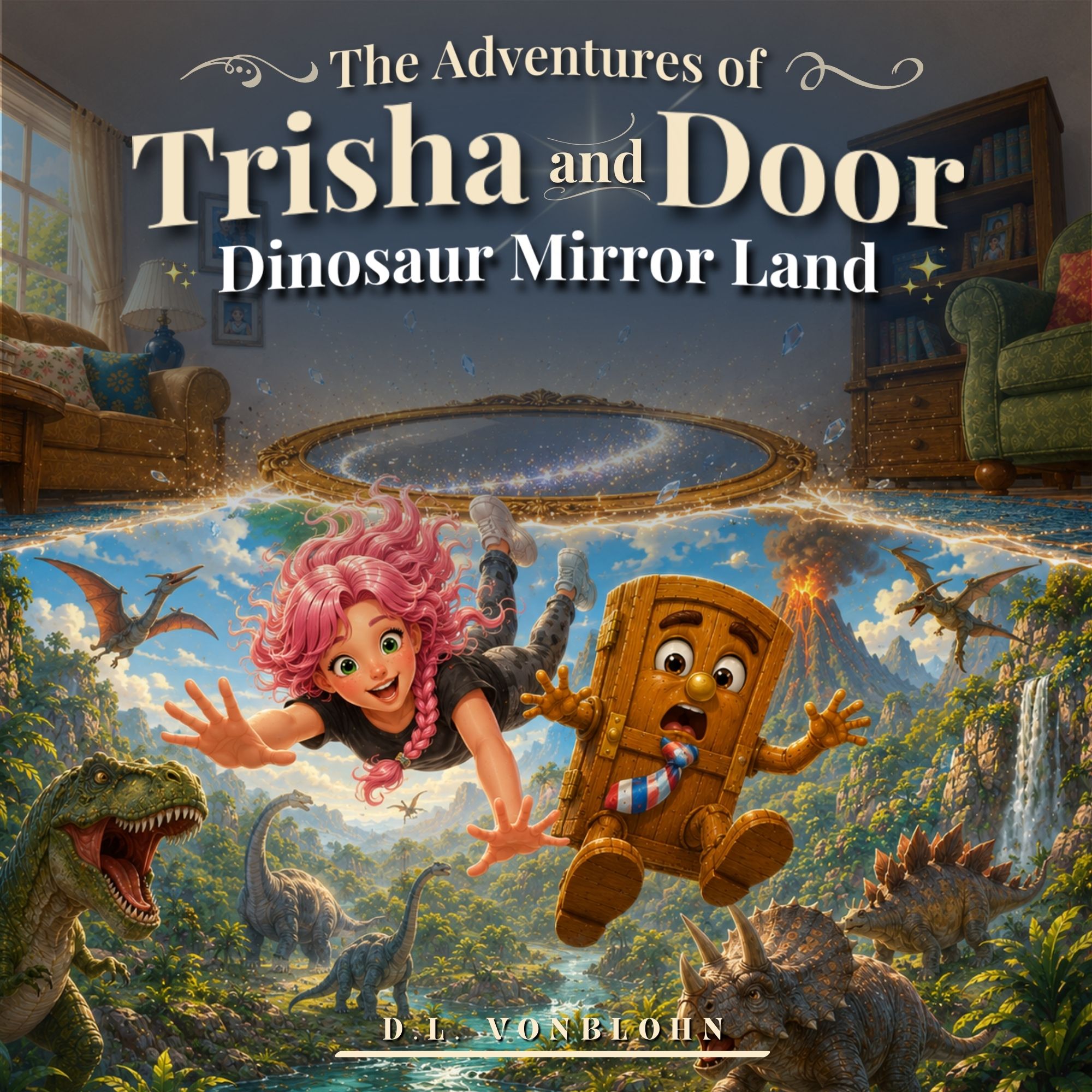 Cover of Dinosaur Mirror World featuring Trisha and Door inside a magical prehistoric world.