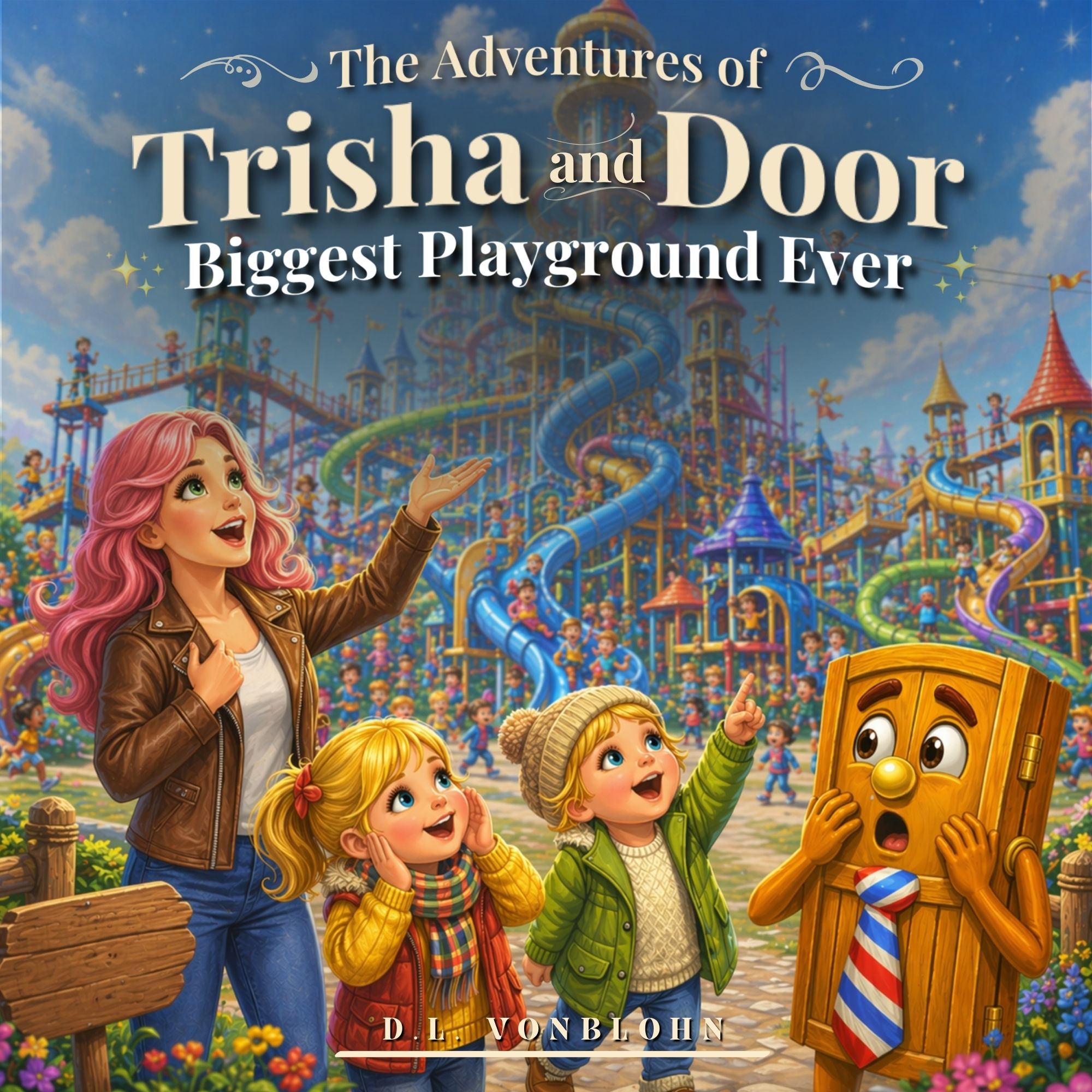 Cover of The Biggest Playground Ever featuring Lydia and Elise at an enormous colorful playground in Texas.