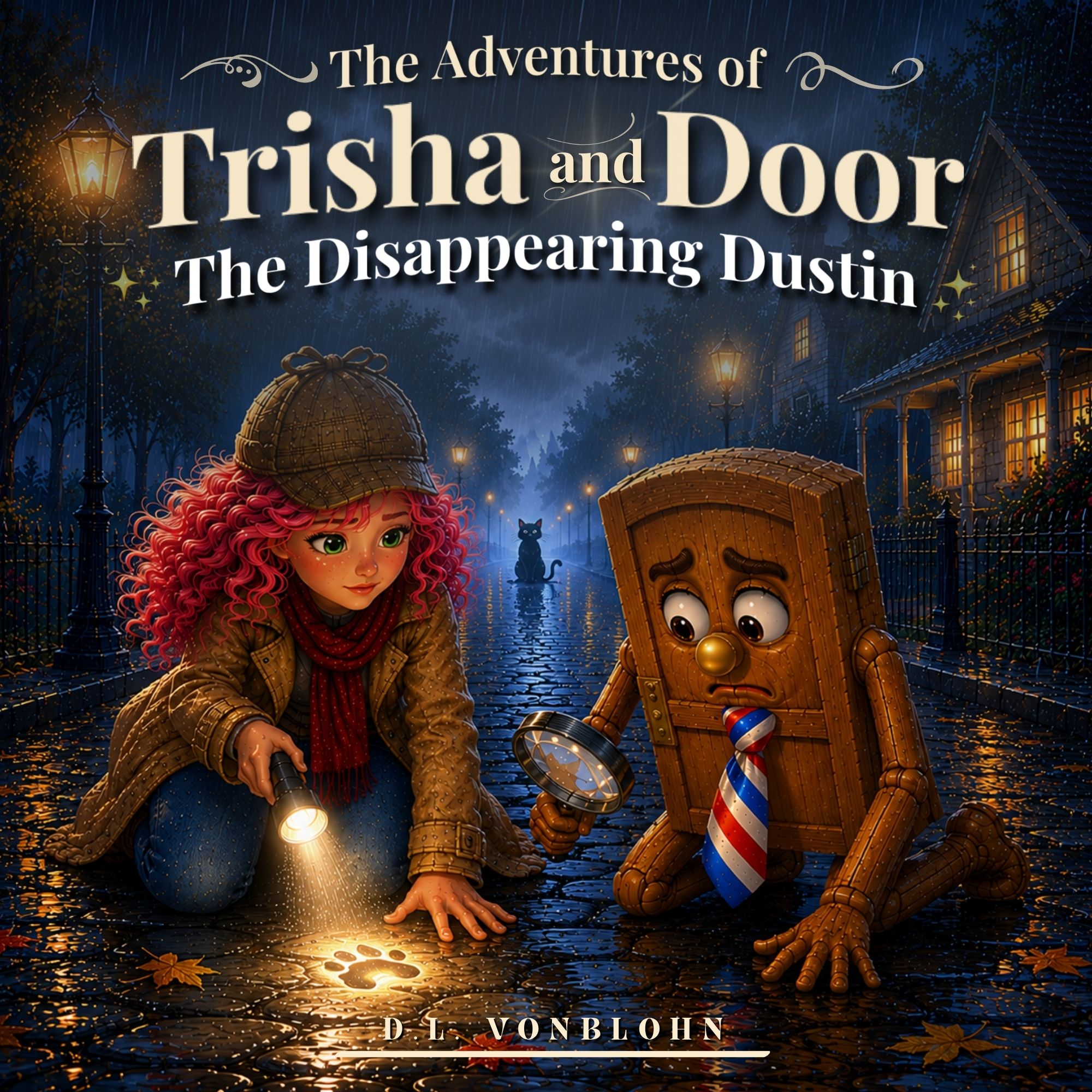 Cover of The Disappearing Dustin featuring Trisha, Door, and Deborah searching for Dustin in the rain.