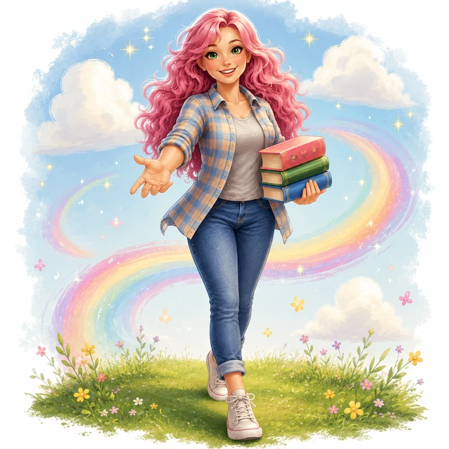 Trisha smiles with a stack of books, inviting readers into the magical world of Trisha & Door.