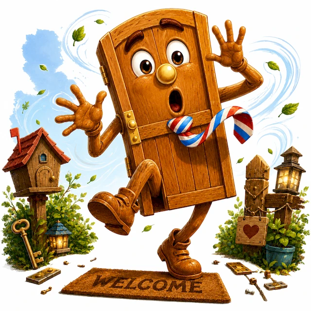 Door, the animated wooden door, waves with a surprised expression outside his cozy woodland home.