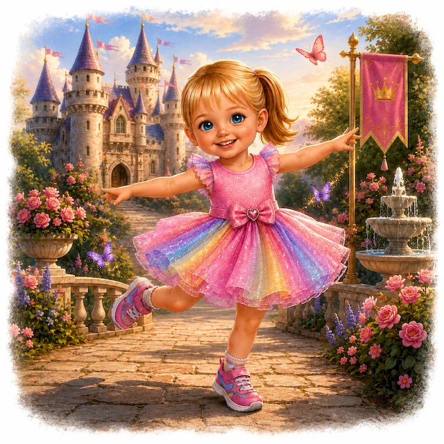 Lydia twirls in a colorful princess dress in front of a fairytale castle, ready for her next adventure.