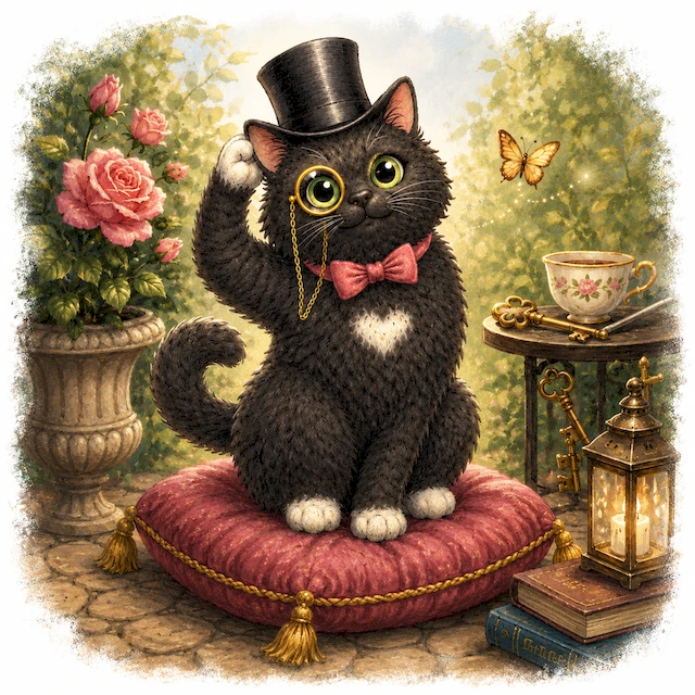 Dustin, a distinguished black cat in a top hat and monocle, sits proudly in a charming garden.