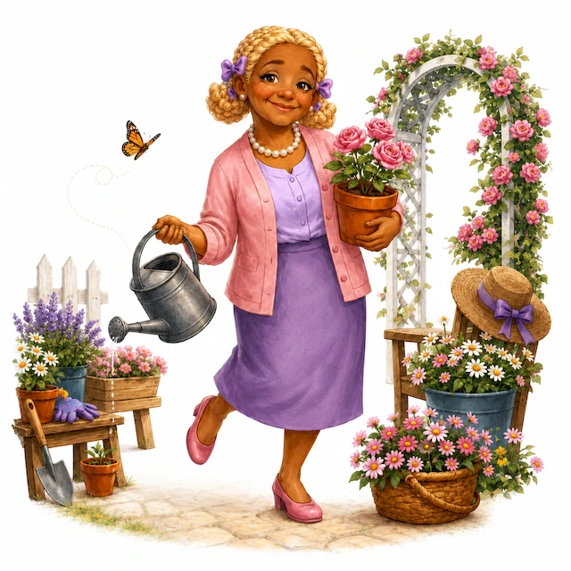 Deborah carries a blooming rose and watering can while tending her beautiful flower garden.