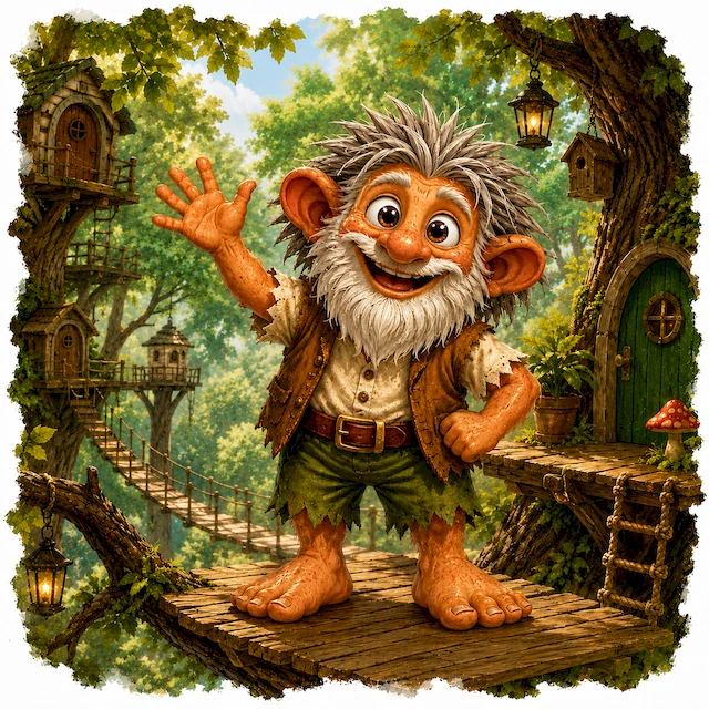 Ooga Booga Booga Man cheerfully waves from his whimsical treehouse village in the forest.