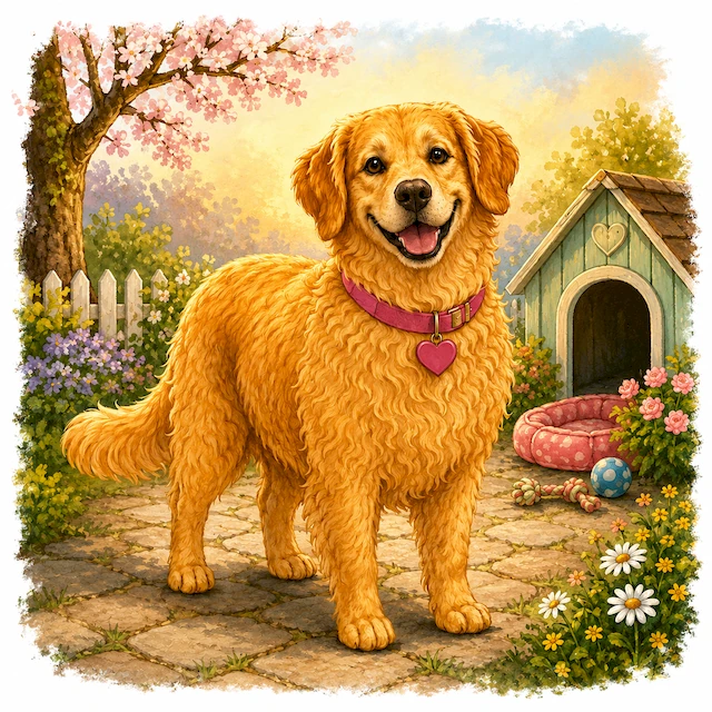 Mama, the family's friendly golden retriever, stands happily beside her cozy doghouse in a sunny garden.
